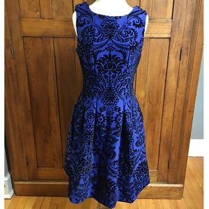 Roz & Ali Blue Dress Black Velvet Damask Size 6